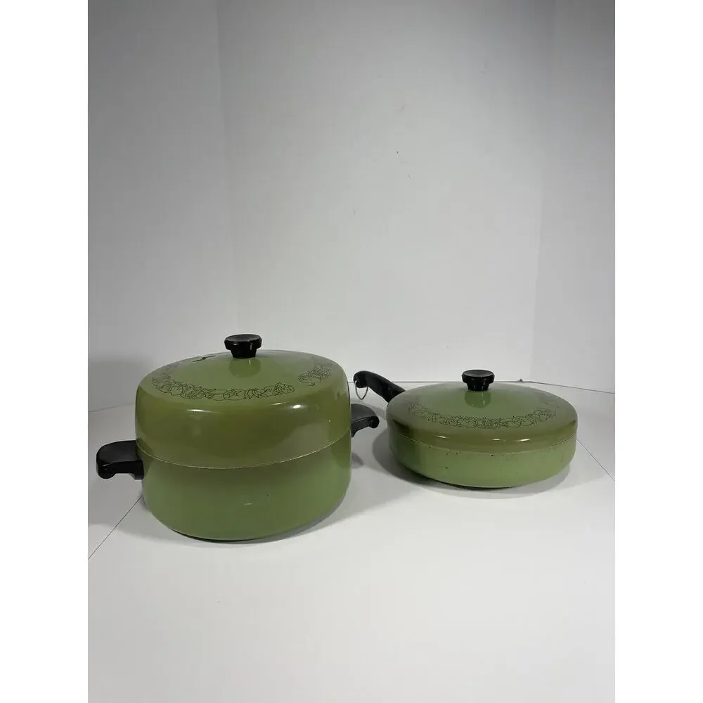 2 x Wear-Ever Registered Aluminum Green Enamel 5 QT Stock Pot +Fry Dia Pot +lids